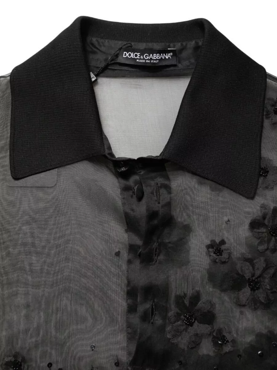 Dolce&Gabbana Silk Sheer Floral Appliqué Short Sleeve Shirt
