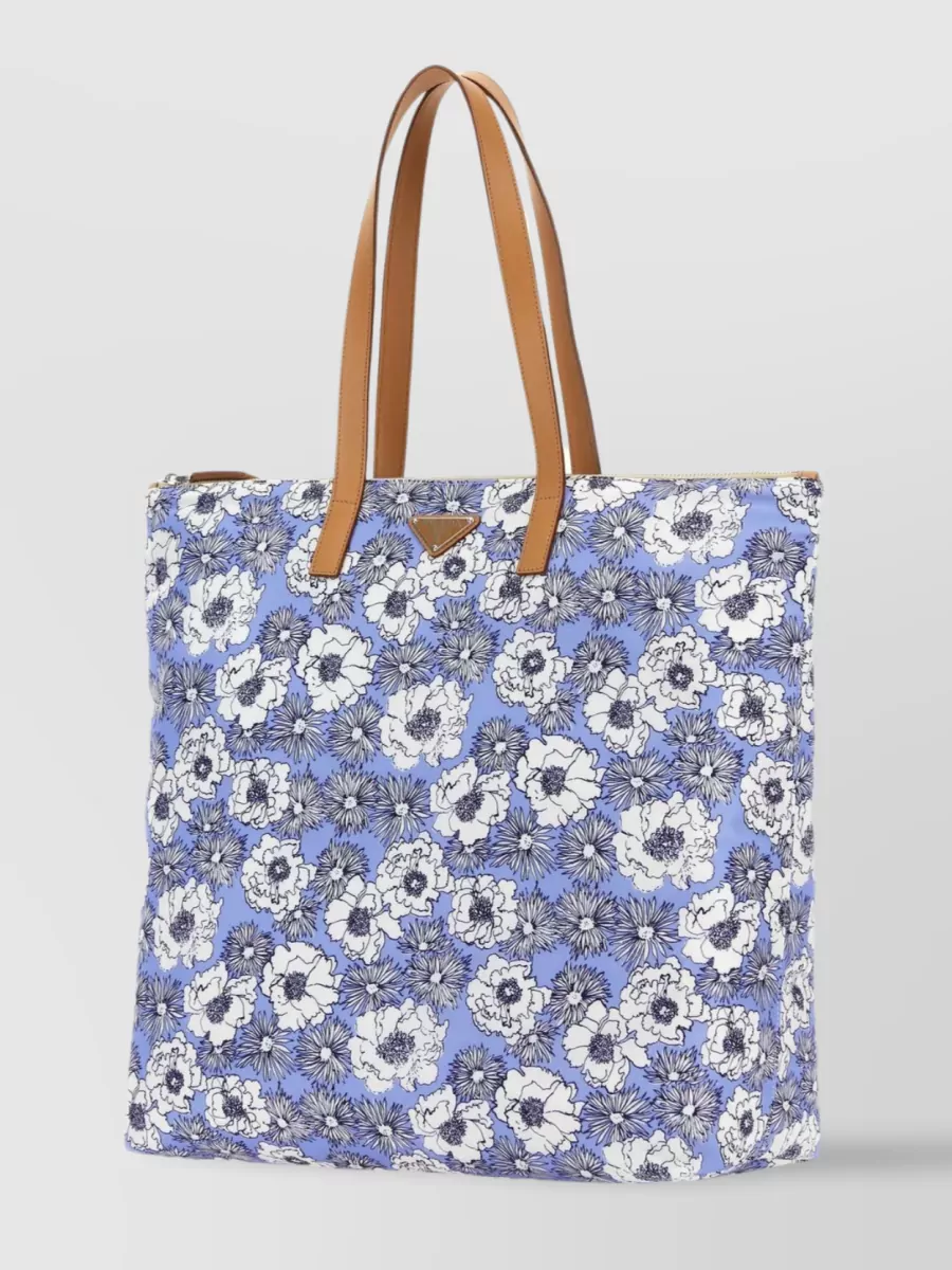 Shop Prada Flower Pattern Nylon Tote Bag In Blue