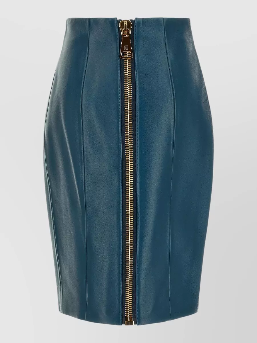 Balmain leather high-rise paneled knee-length fitted skirt