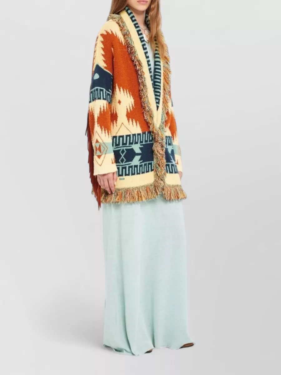 Alanui Fringed Geometric Knit Belted Cardigan