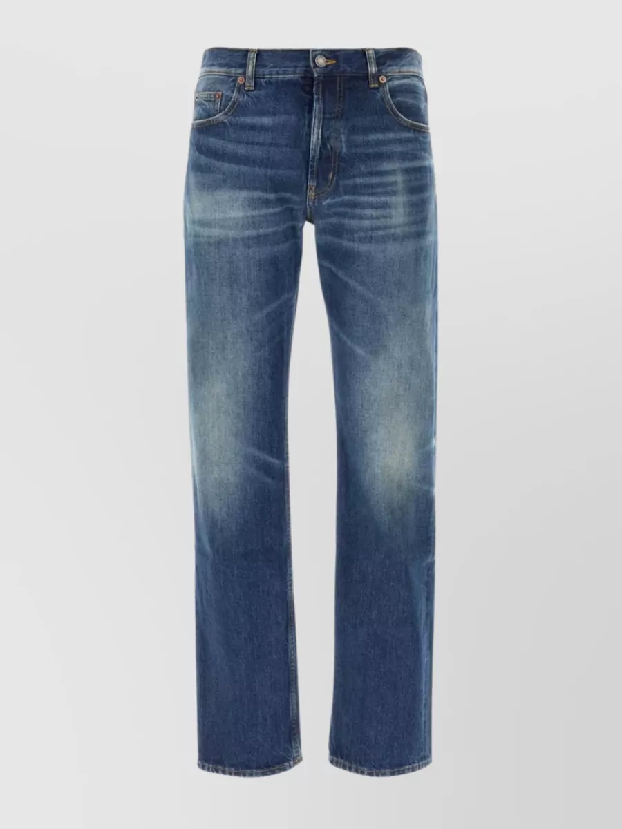 Shop Saint Laurent Faded Wash Denim Trousers With Belt Loops In Blue