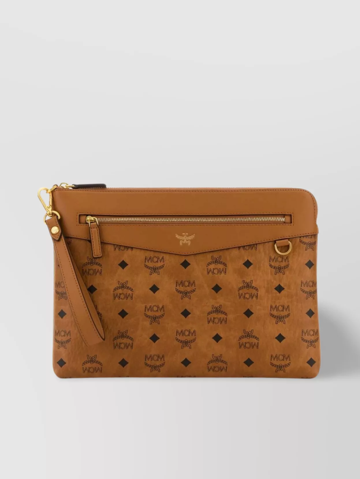 Mcm Canvas Clutch With Wrist Strap And Front Zip Pocket