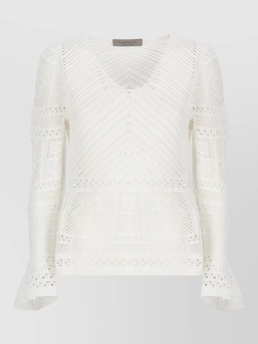 D.exterior Perforated Lace Knit V-Neck Long-Sleeve Sweater