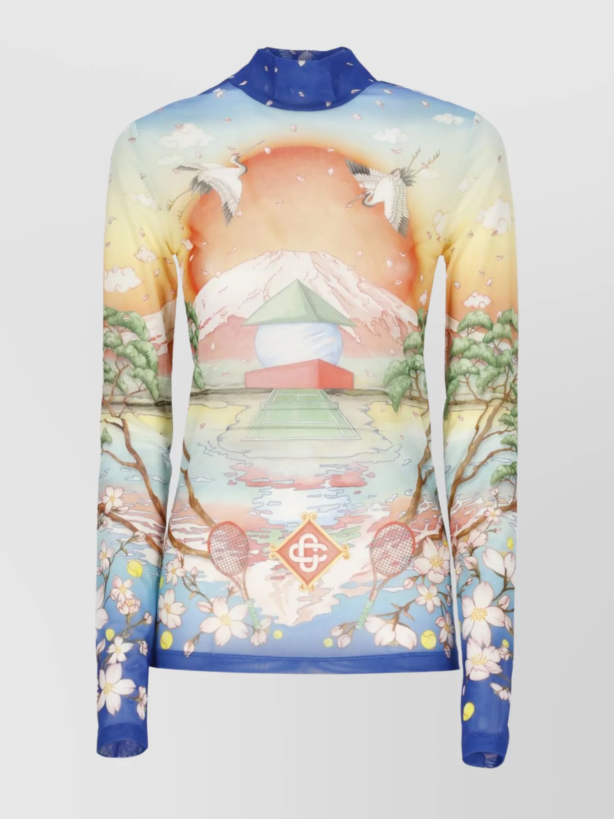 Casablanca High Neck Tulle Top With Multicolor Landscape Print In Multi