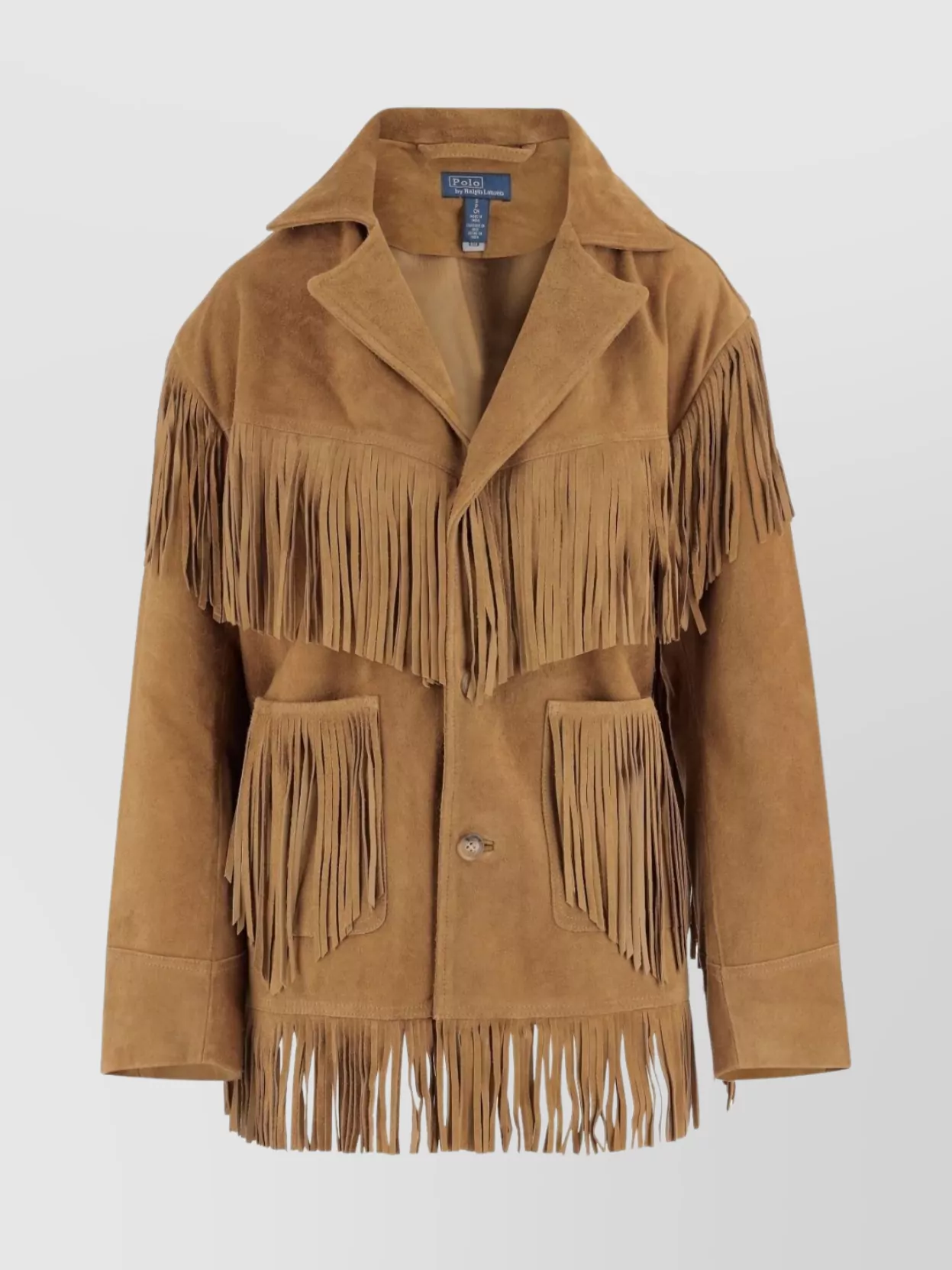 Ralph Lauren Fringed Leather Coat Notched Lapels In Brown