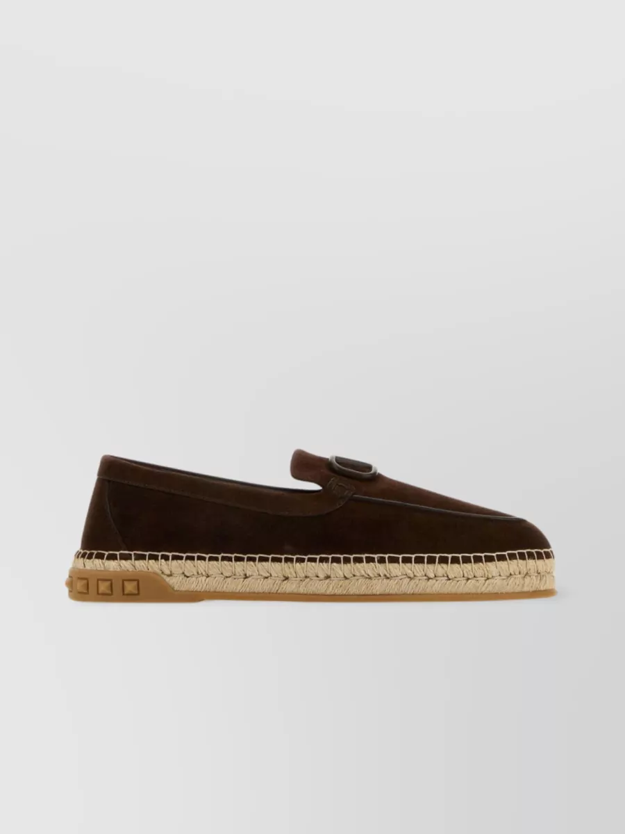 Shop Valentino Moulded Cord Midsole Loafers With Metallic Trim In Brown