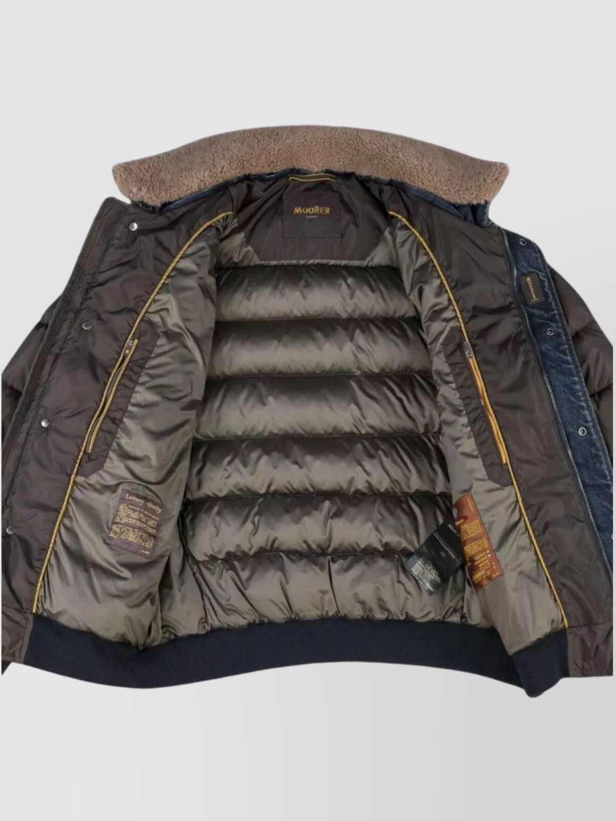 Moorer Denim Trimmed Shearling Collar Padded Jacket