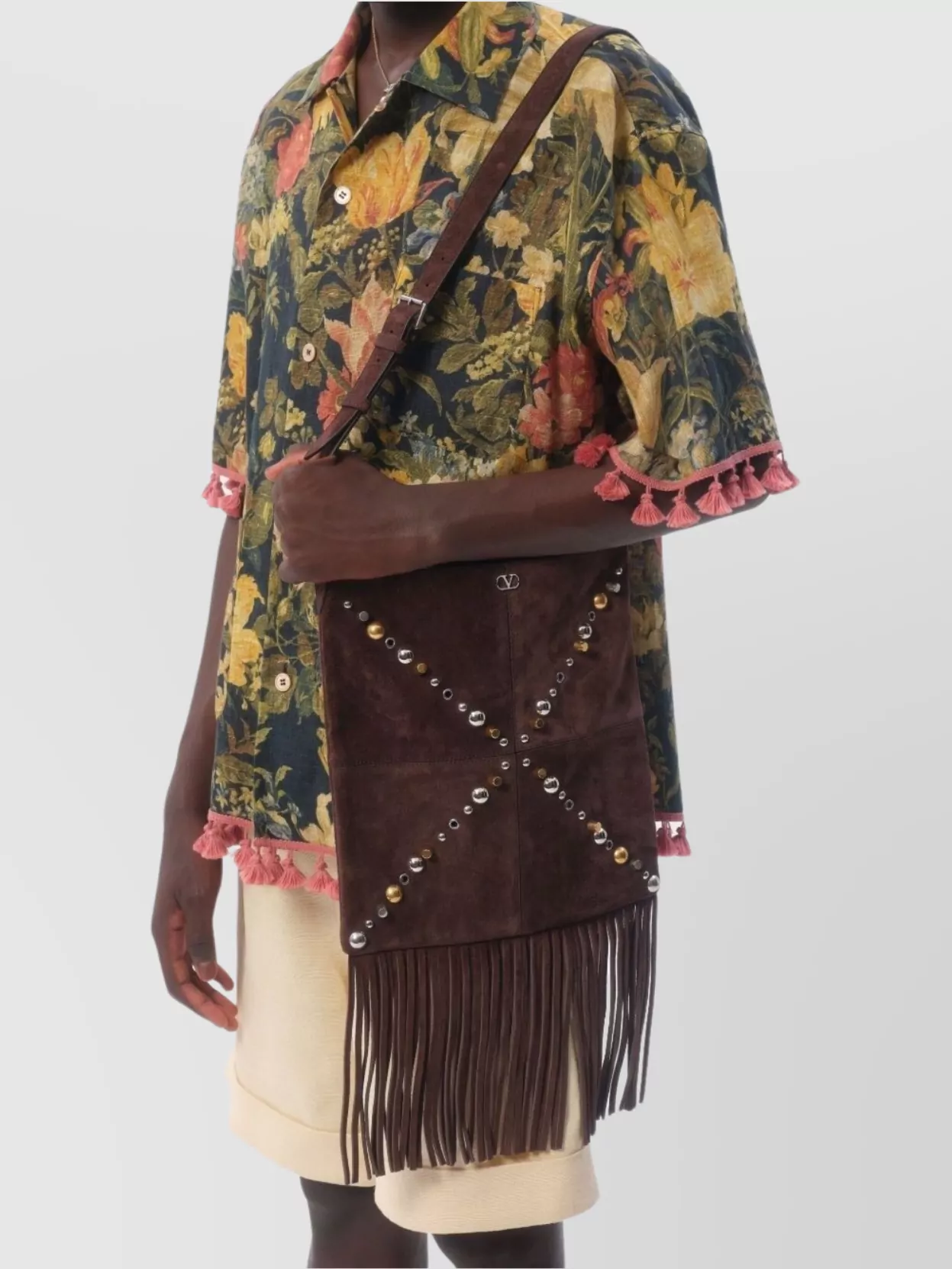 Valentino Linen Shirt Floral Print Fringed Edge