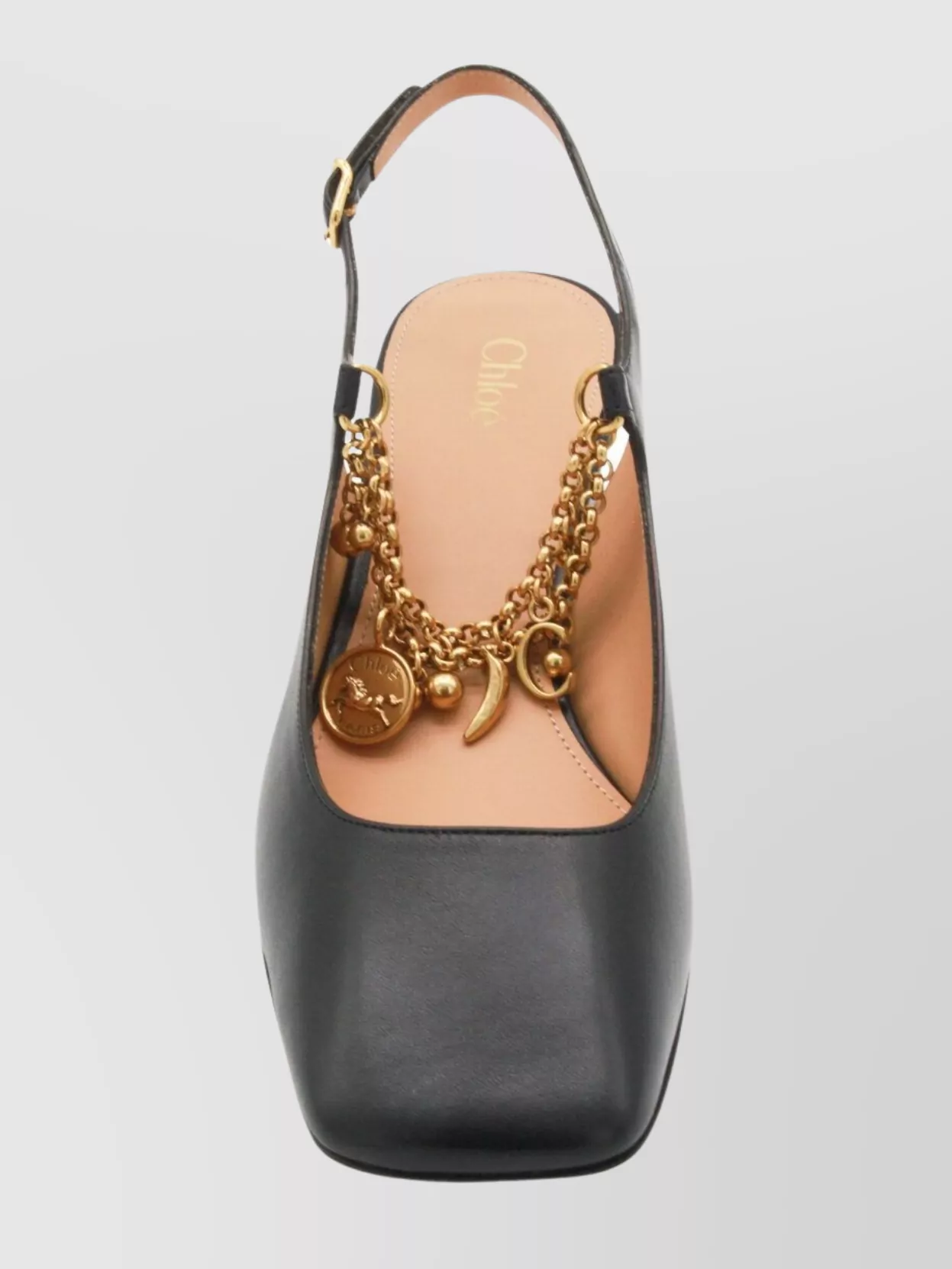 Chloé Chunky Heel Chain Detail Gold Square Toe