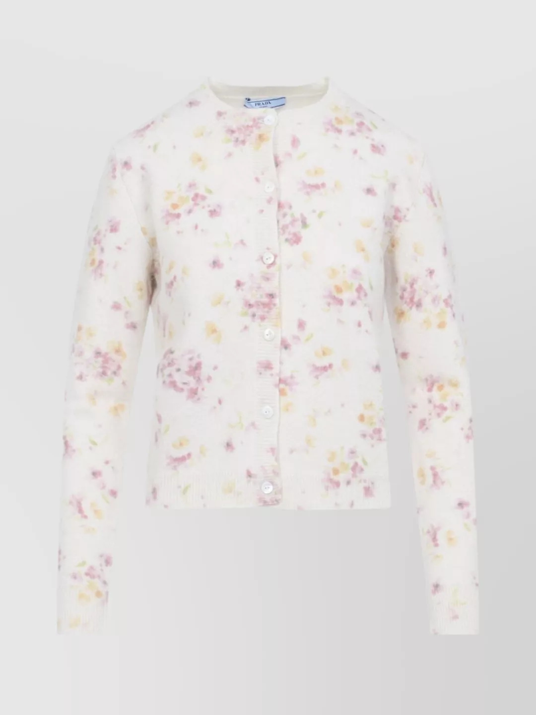 Prada Floral Pattern Long Sleeve Crew Neck Cardigan In White