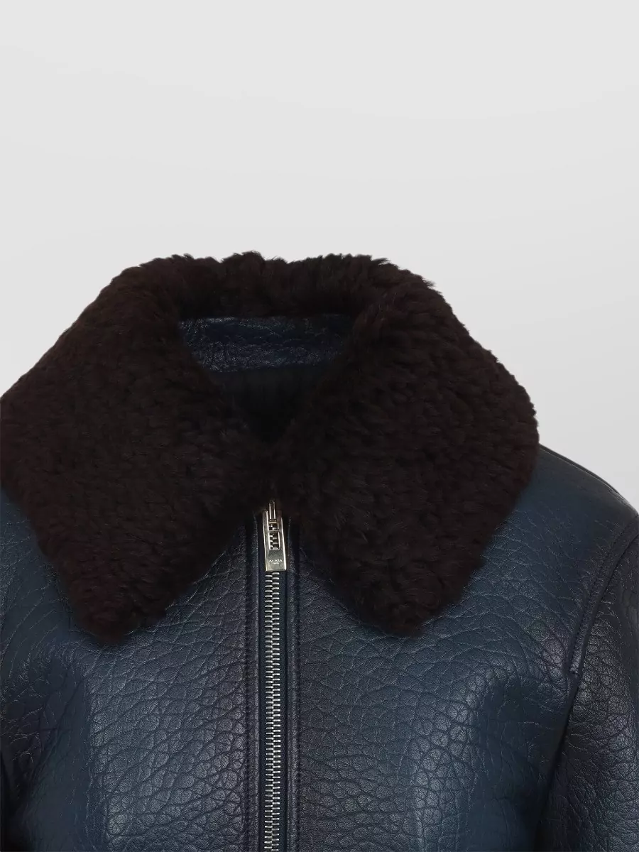 Alaïa Shearling Collar Textured Leather Zipped Jacket