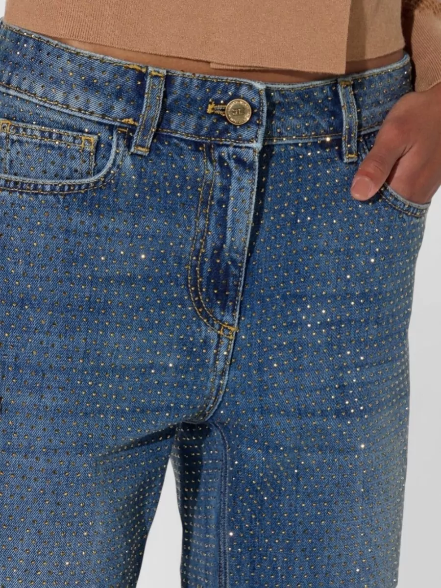 Elisabetta Franchi Rhinestone-Embellished Low-Rise Wide-Leg Denim Jeans