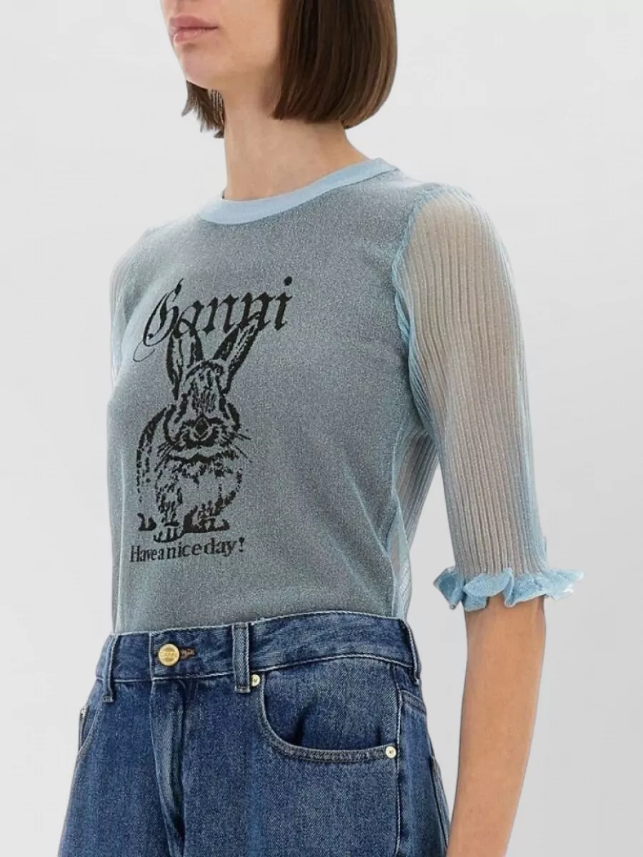 Ganni Metallic Knit Three Quarter Sleeve Top