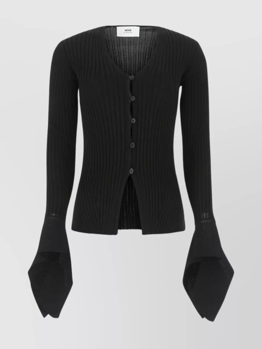 Shop Ami Alexandre Mattiussi Cardigan With V Neckline And Flared Cuffs In Black