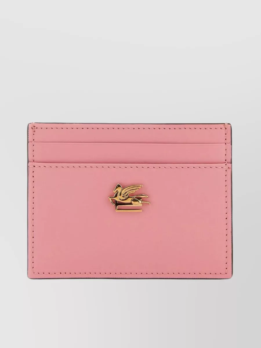 Shop Etro Rectangular Leather Cardholder With Topstitch Detailing In Pink