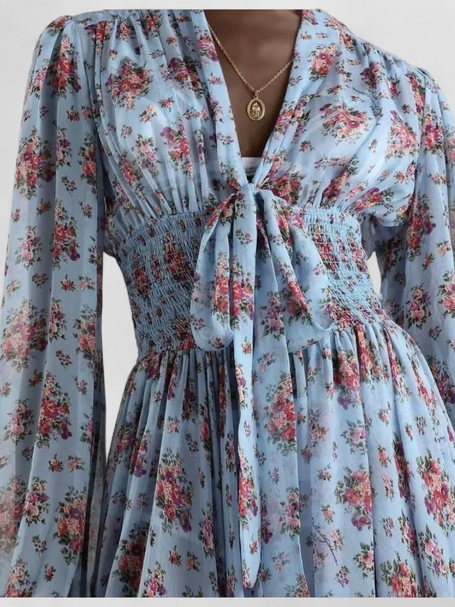 Dolce&Gabbana Silk Floral-Print Gathered Knot-Detail Lace-Trim Long-Sleeve Midi Dress