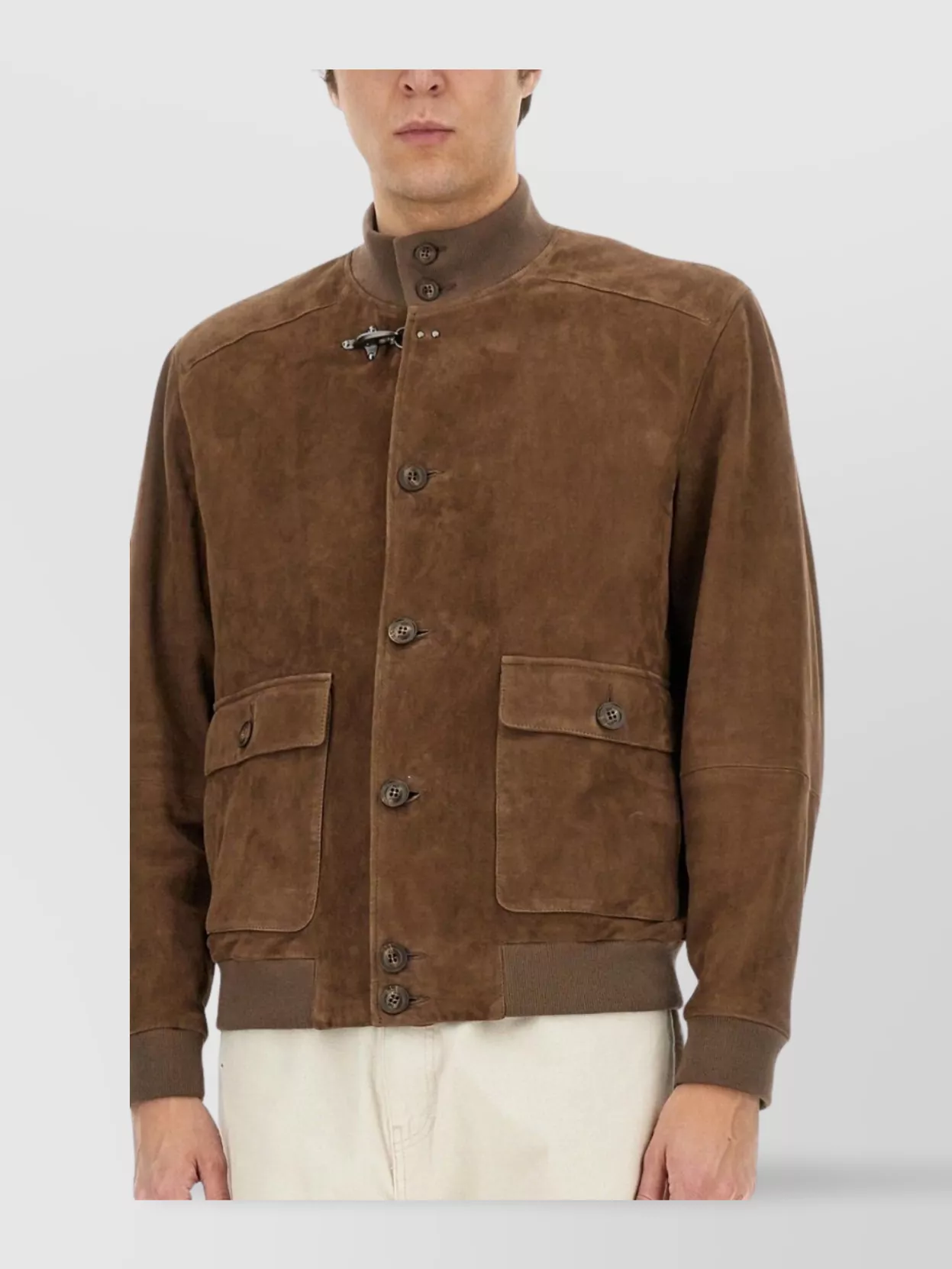 Fay Ribbed Stand Collar Leather Jacket