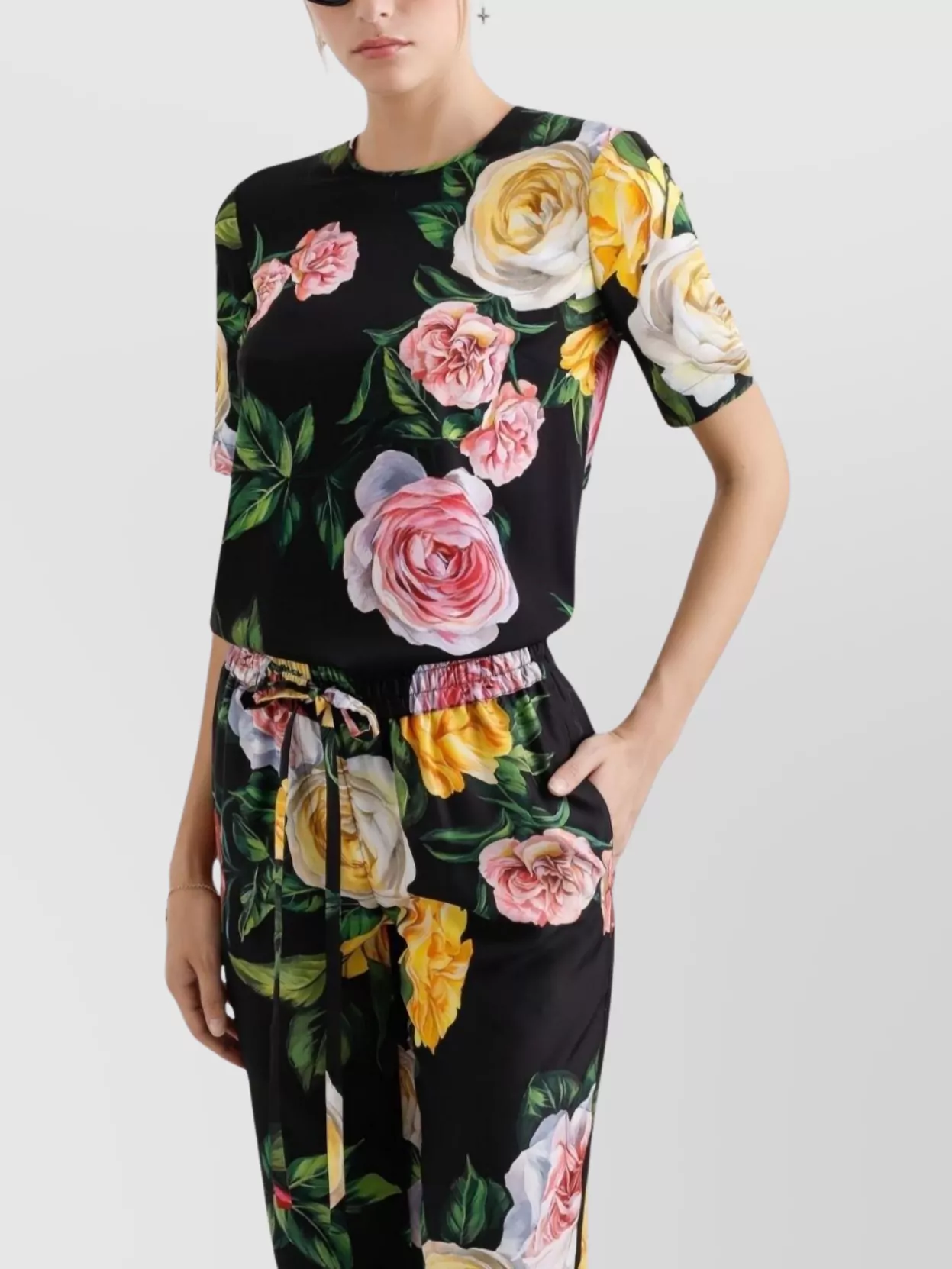 Dolce & Gabbana Peony And Rose Print Silk Charmeuse Blouse In Black