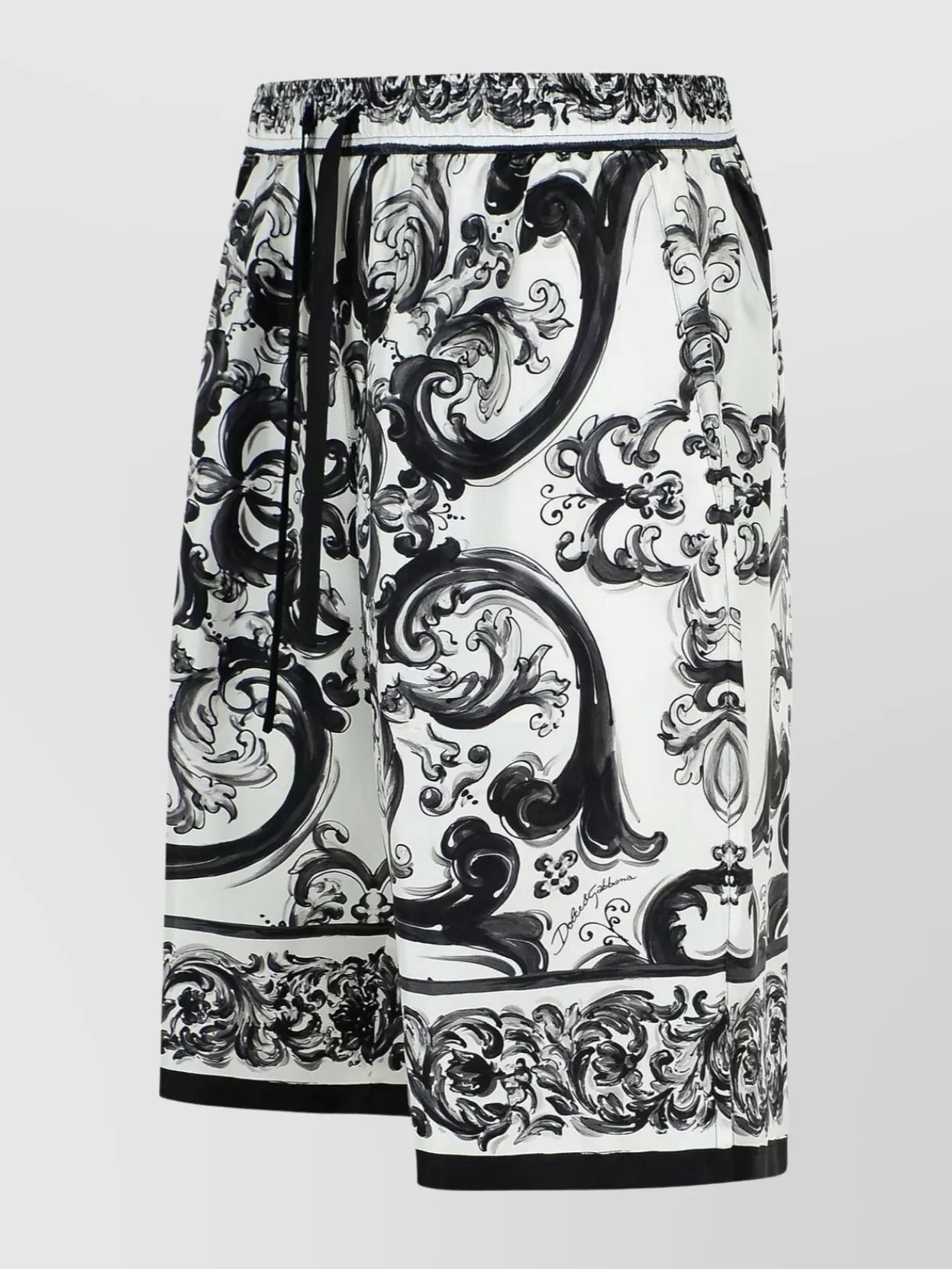 Dolce & Gabbana Maiolica Black And White Shorts With Elastic Drawstring Closure And All-over Print In Silk Man In Black