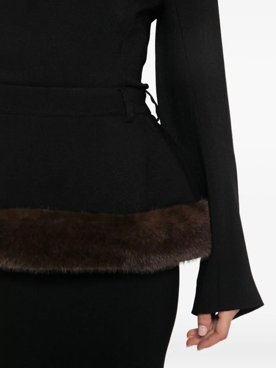 Stella Mccartney Viscose Belted Faux Fur Trim Peplum Midi Dress