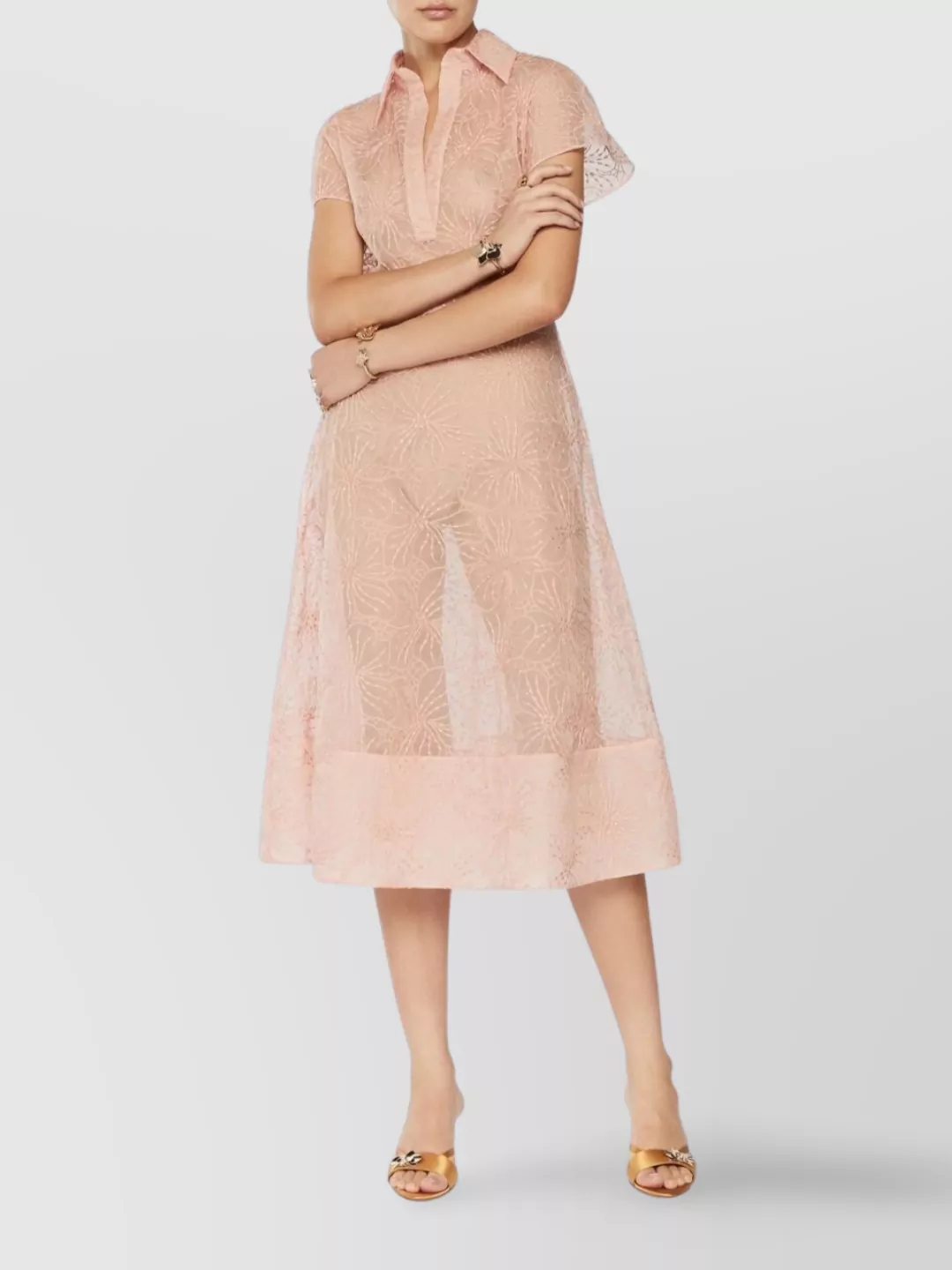 Genny Floral Button Midi Dress With Sheer V-Neck