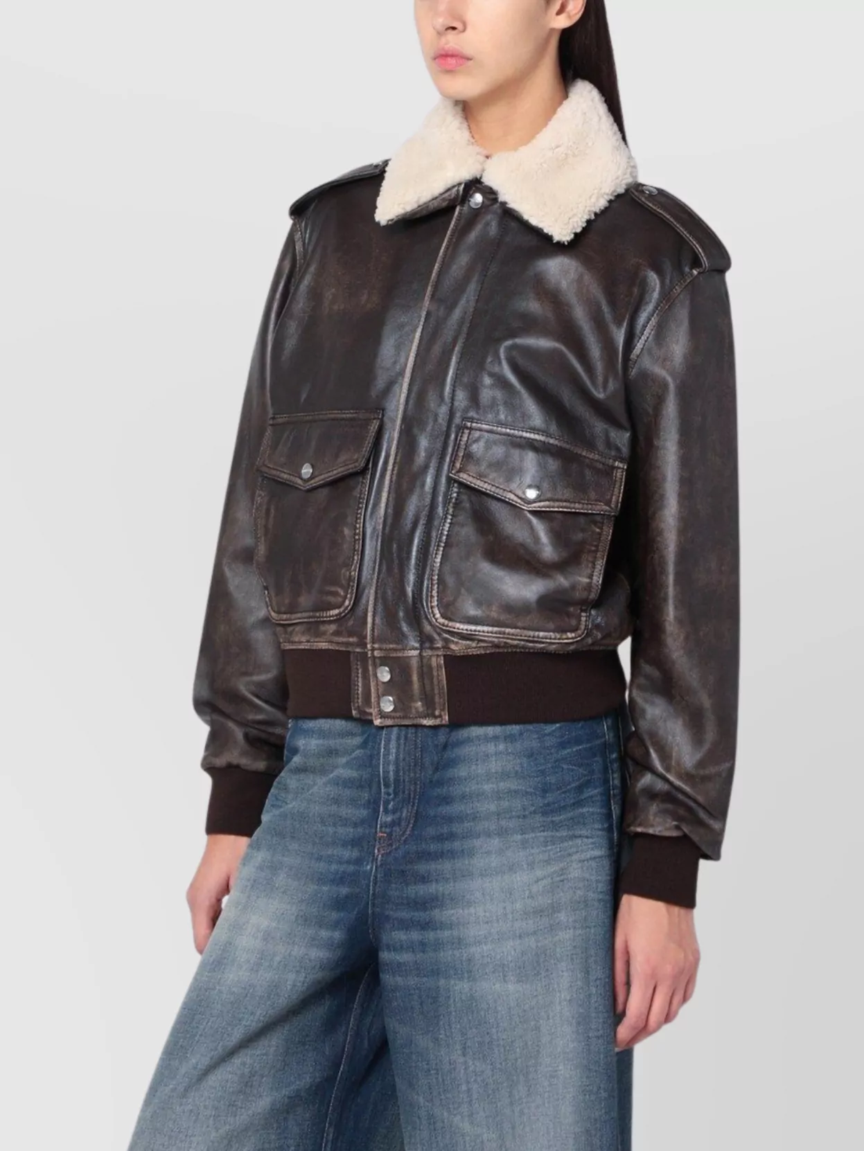 Halfboy Brown Leather Bomber Jacket With Shearling Collar In Brown