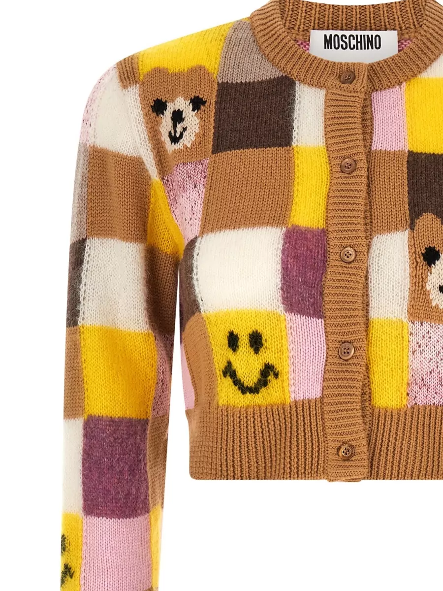 Moschino Smiley Teddy Bear Patchwork Knit Cardigan
