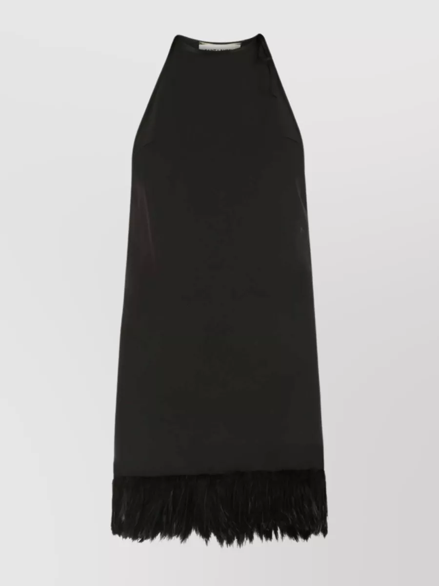 Shop Saint Laurent Halterneck Dress With Feather Trim And Flattering Silhouette In Black