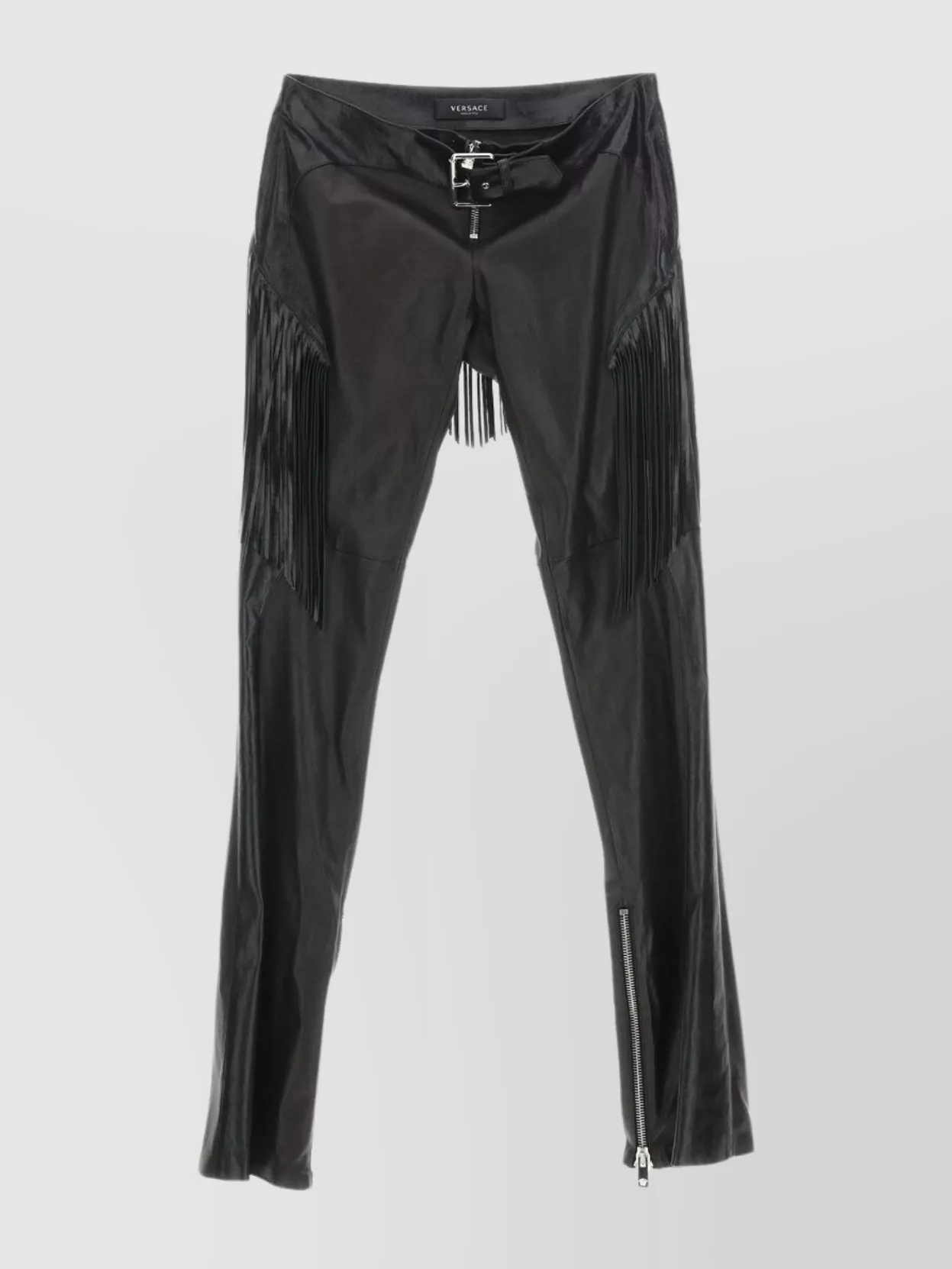 Shop Versace Leather Fringe High-waisted Trousers