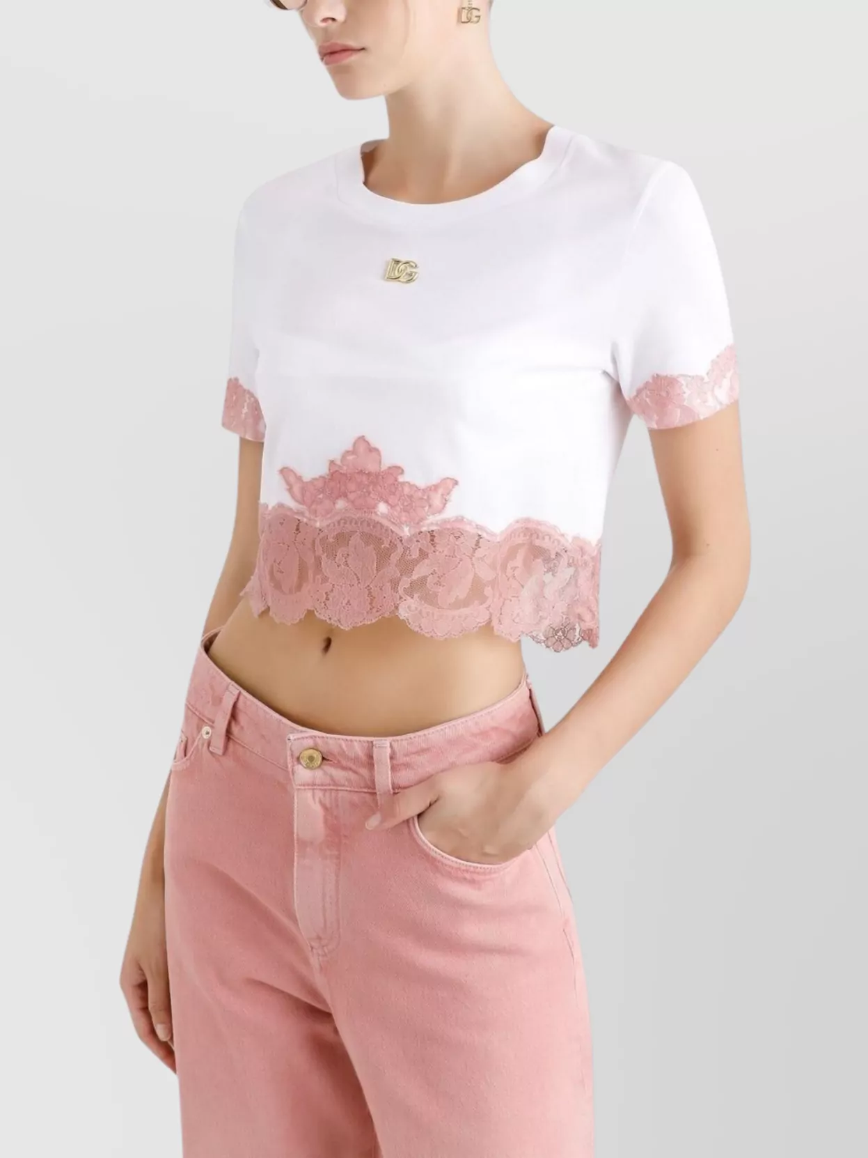 Dolce&Gabbana Cropped T-Shirt With Lace Trim And Logo
