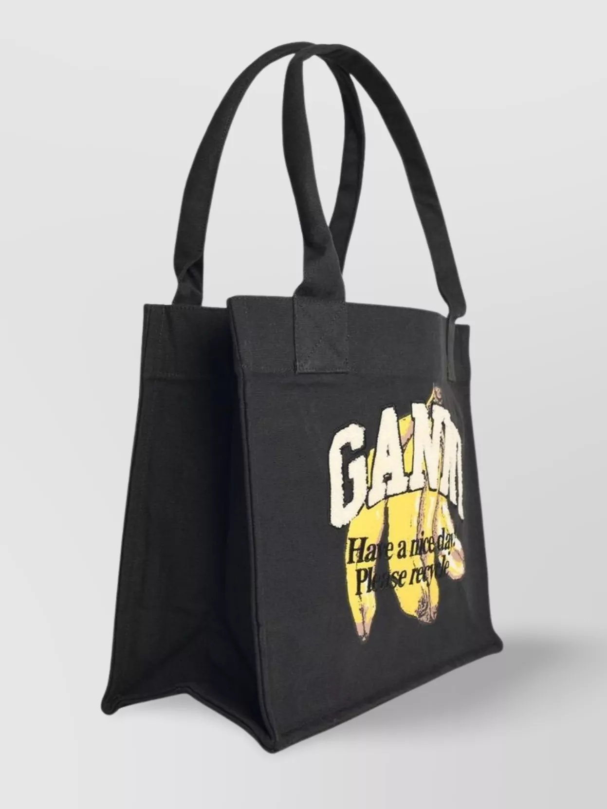 Ganni Large Banana Print Bag In Black Cotton Women
