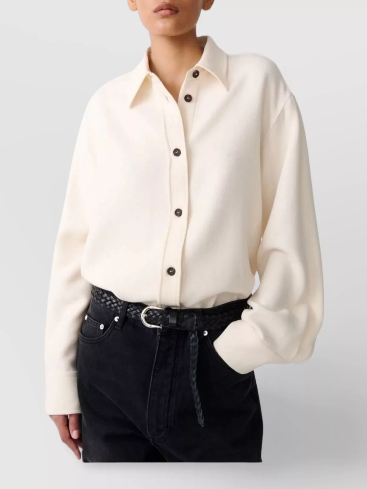Studio Nicholson Long Sleeve Wool Shirt With Button Cuffs In Neutral