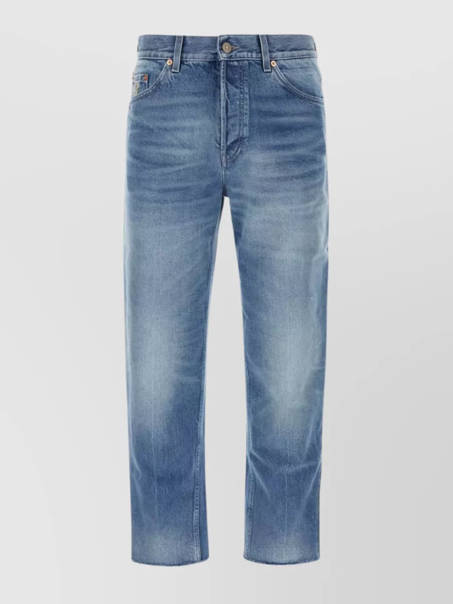 Shop Gucci Frayed Hem Faded Wash Denim Jeans In Blue