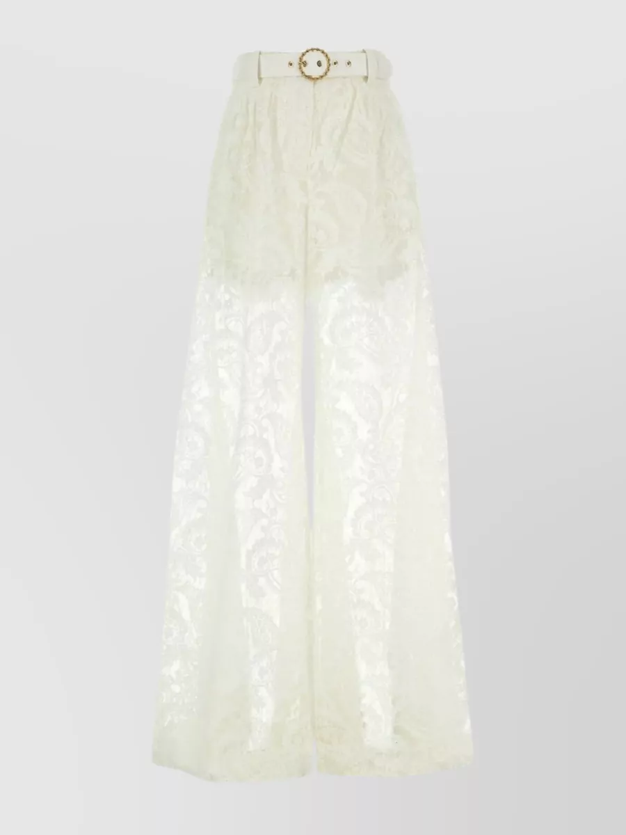 Shop Zimmermann Wonderland Detachable Belt Lace Wide-leg Pant In White