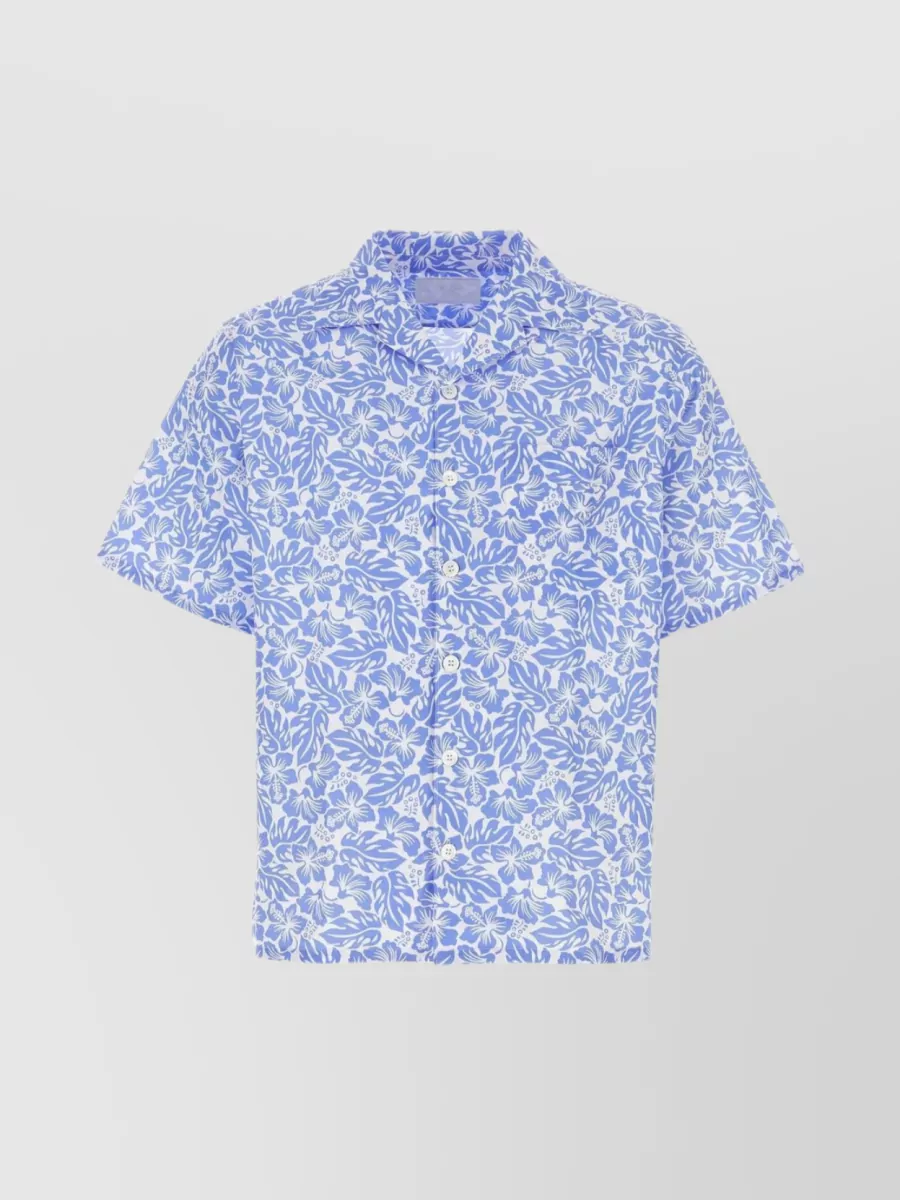 Shop Prada Collared Short Sleeve Poplin Shirt With All-over Print In Blue