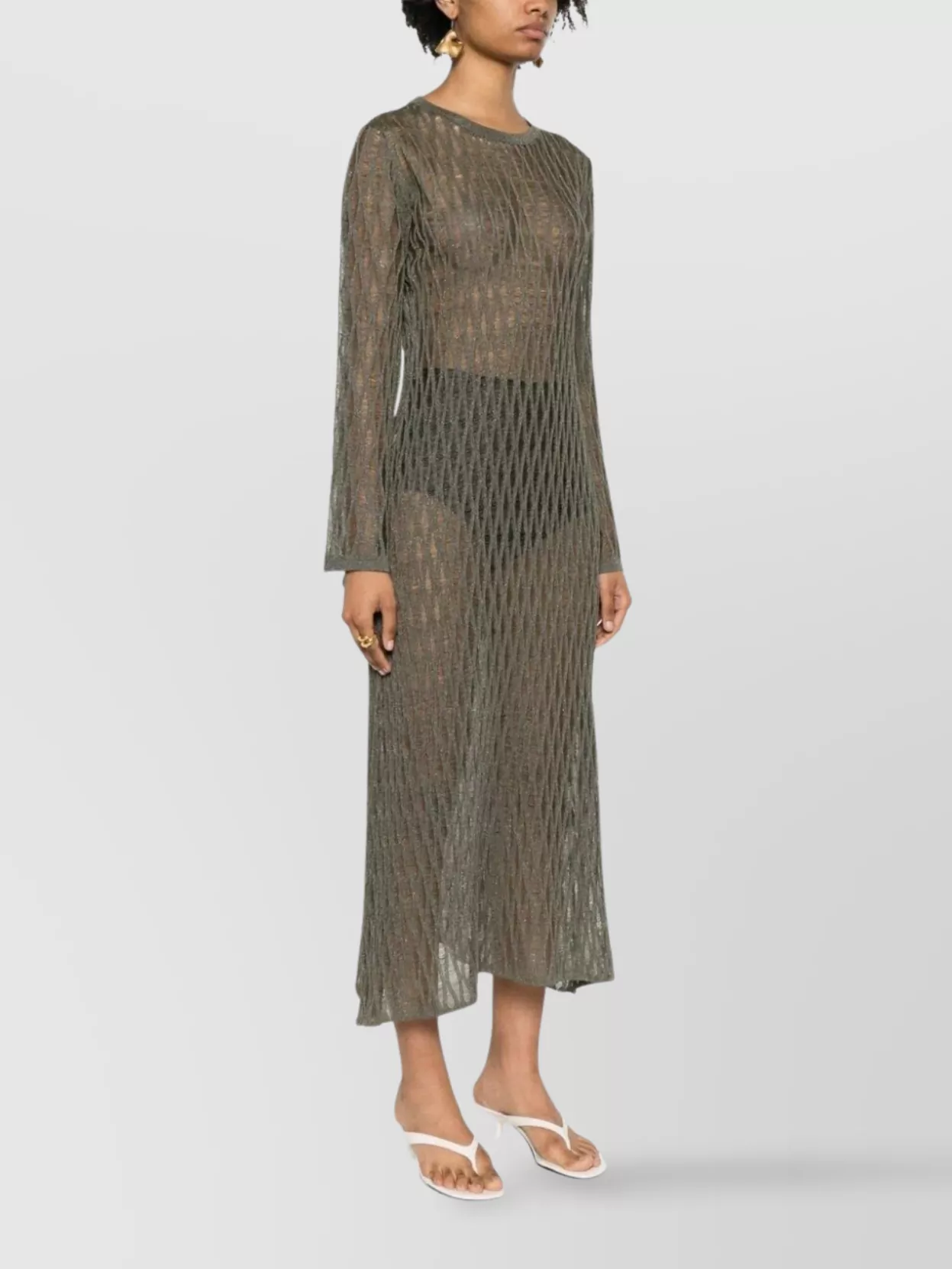 Federica Tosi Sheer Textured Midi Dress With Long Sleeves In Brown