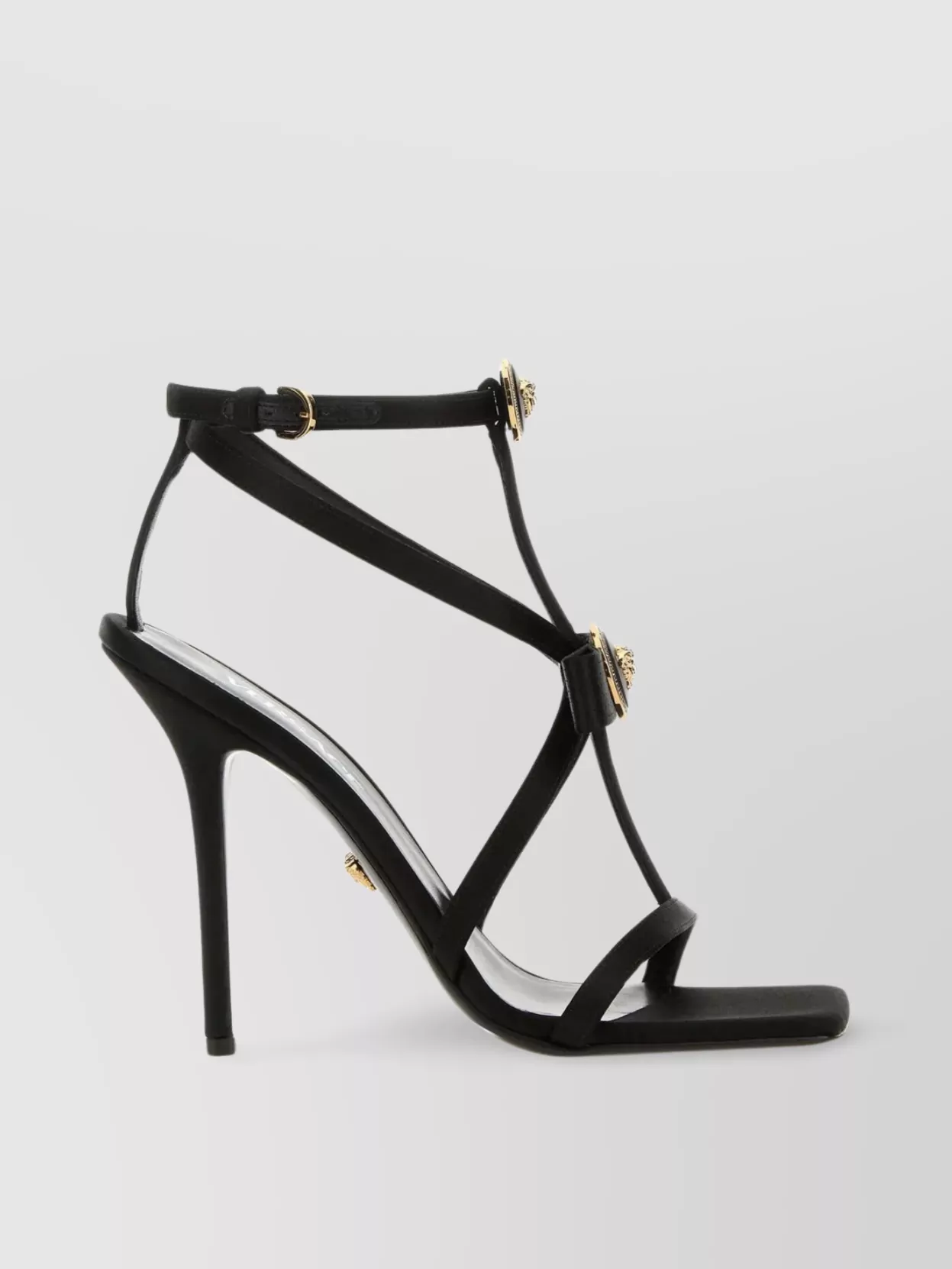 Shop Versace Satin Sandals With Square Toe And Strappy Design In Black