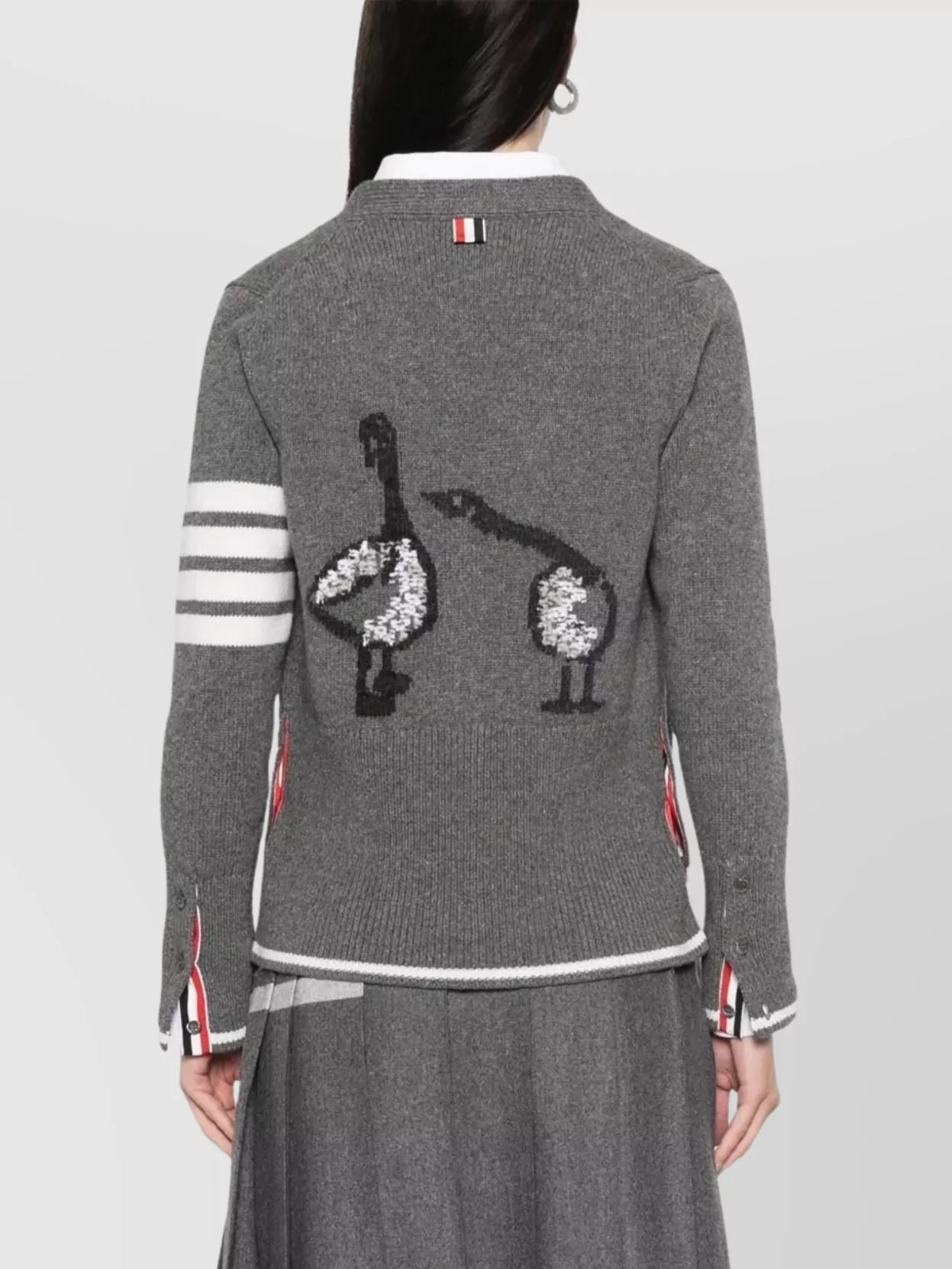 Thom Browne Geese Intarsia Boxy V Neck Cardigan In Gray