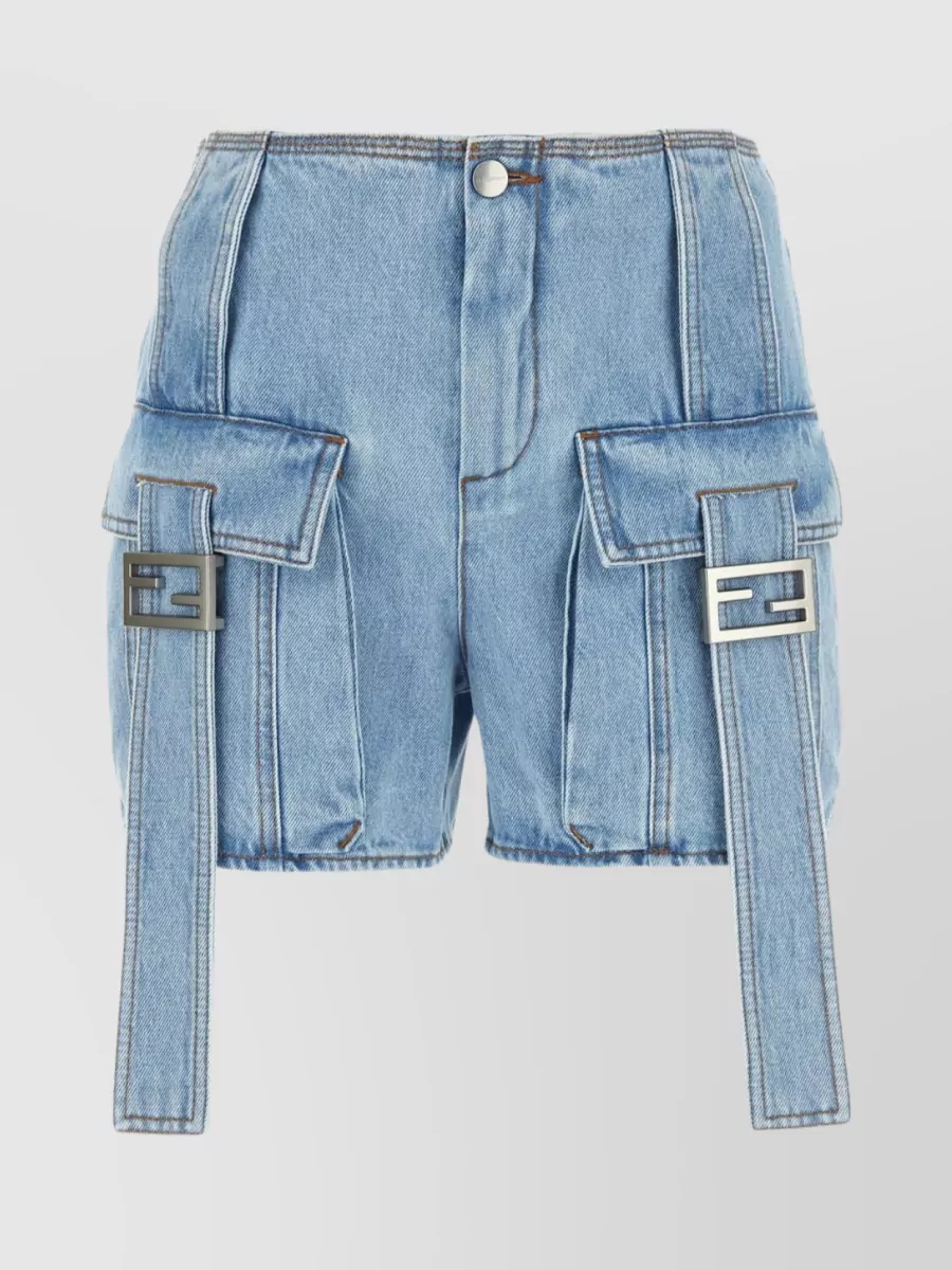 Shop Fendi Cotton Denim Shorts With Flap Pockets In Blue