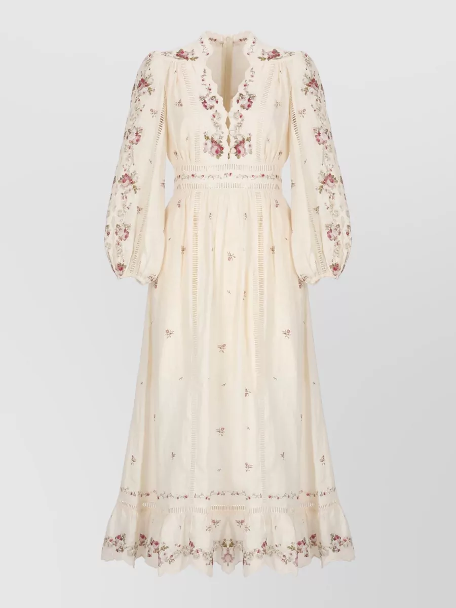 Zimmermann Linen embroidered floral-print plunging v-neck long-sleeve midi dress