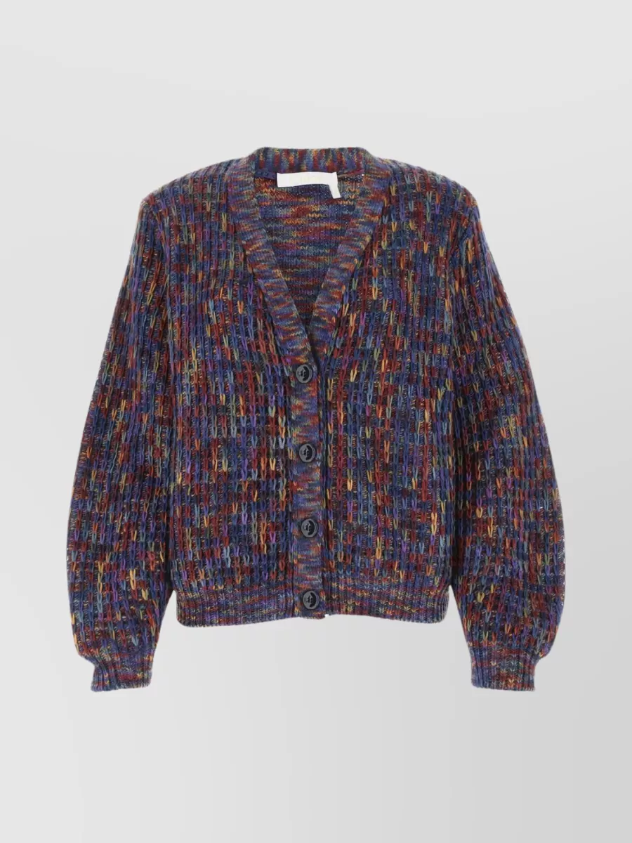 Shop Chloé Wool Blend V-neck Cardigan With Puffed Sleeves In Blue