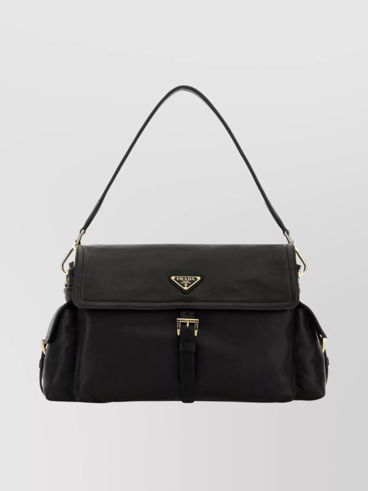Prada Leather Shoulder Bag With Buckle And Pockets In Black