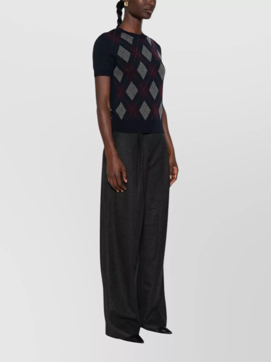 Tory Burch Wool Argyle Short-Sleeve Crewneck Sweater