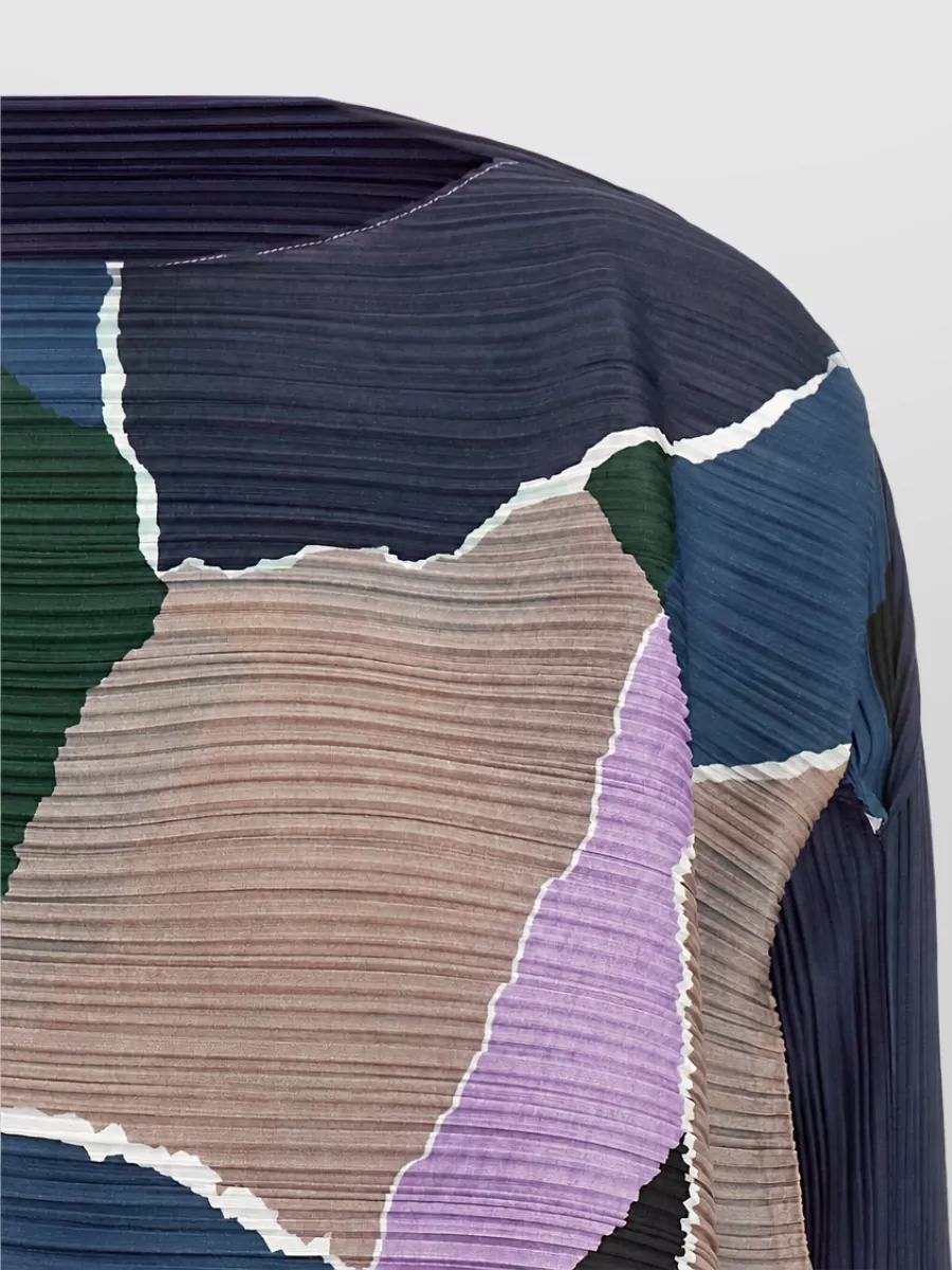 Pleats Please Issey Miyake Pleated Abstract-Print Boat Neck 3/4-Sleeve Blouse