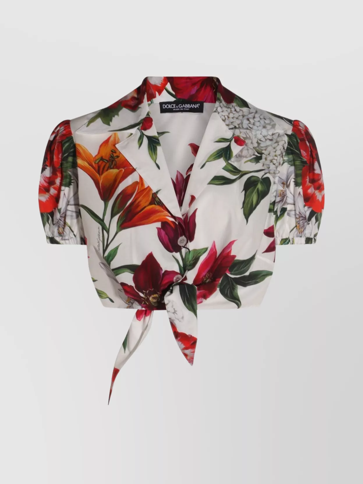 Dolce & Gabbana Anemone Floral Popeline Puff-sleeve Tie Crop Shirt In Multi