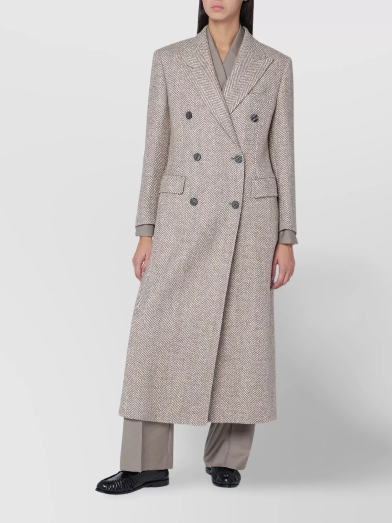 Tagliatore Herringbone Double Breasted Coat With Button Detailing In Brown