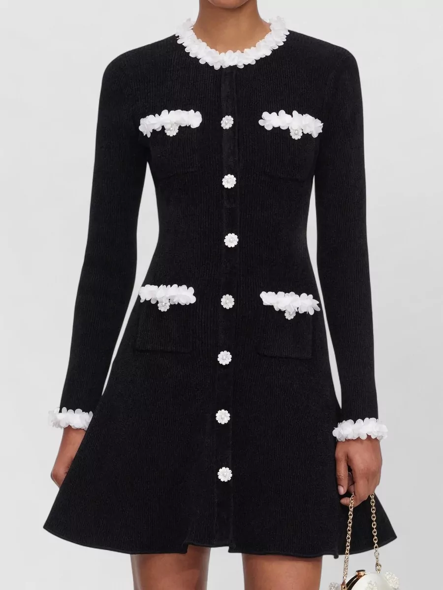 Self-Portrait Chenille Floral-Trim Mini Dress