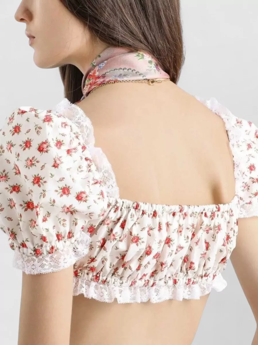 Dolce&Gabbana Floral-Print Lace-Trim Cropped Puff-Sleeve Blouse