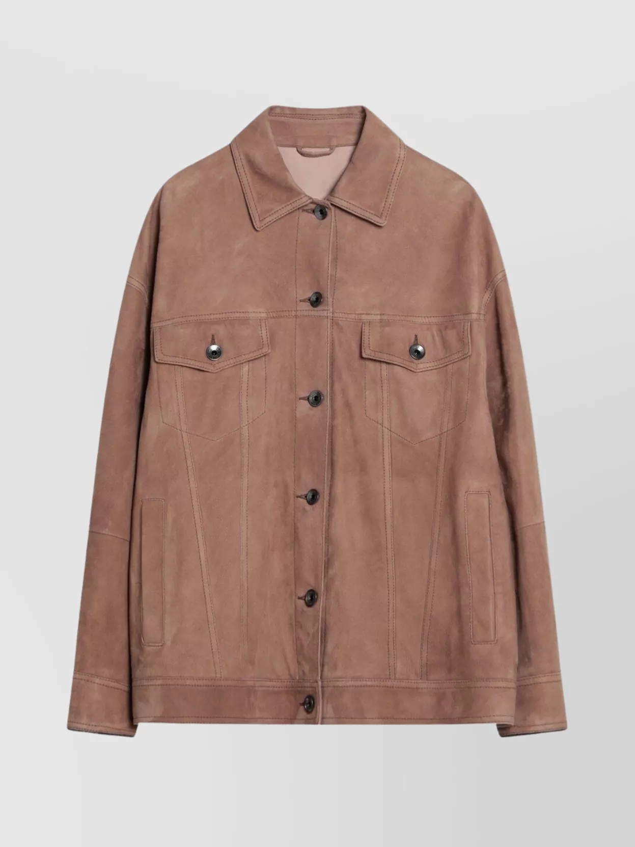 Brunello Cucinelli Leather Overshirt Jacket With Chest And Side Pockets In Pink