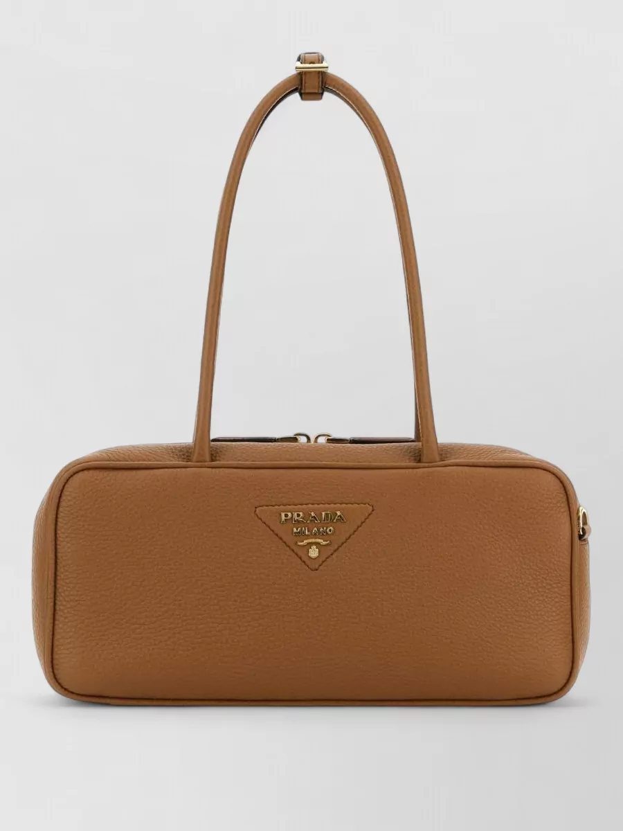 Prada Leather Shoulder Bag Double Handles Rectangular In Brown